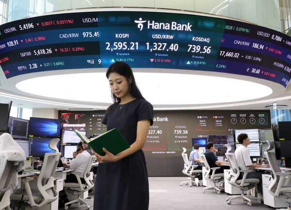 The KOSPI started to rise on expectations of a rate cut by the U.S. central bank, but it rose only slightly, contrary to market expectations. The photo shows employees working at the Hana Bank dealing room in Jung-gu, Seoul on the morning of the 19th. Yonhap News