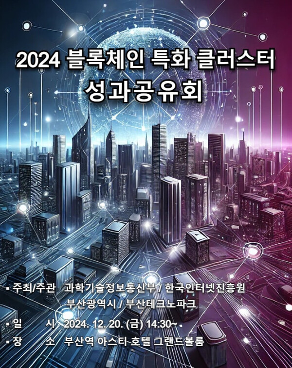 Poster cho cuộc họp chia sẻ hiệu suất cụm chuyên ngành blockchain của thành phố Busan. Được cung cấp bởi thành phố Busan.