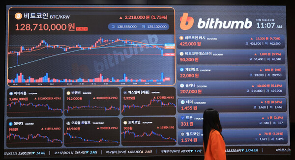 사진은 26일 서울 강남구 서울 빗썸라운지 강남점에 비트코인 가격이 표시된 모습. 연합뉴스