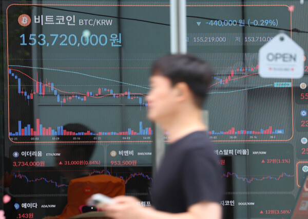 On the day after Bitcoin, a virtual asset, broke its all-time high of $110,000, citizens pass by the Bithumb Lounge Gangnam branch in Seocho-gu, Seoul on the 23rd of last month. Yonhap News