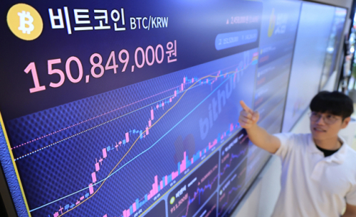 사진은 서울 강남구 가상자산거래소 빗썸에 비트코인 시세가 표시된 모습. 연합뉴스